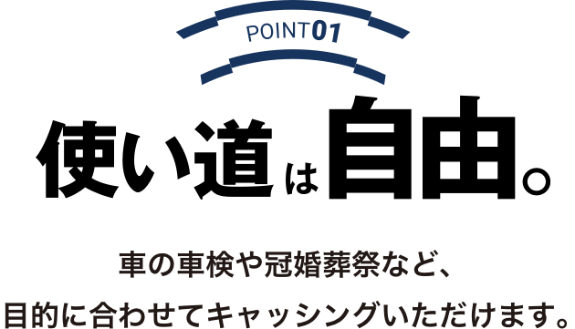 POINT01 使い道は自由。車の車検や冠婚葬祭など、目的に合わせてキャッシングいただけます。